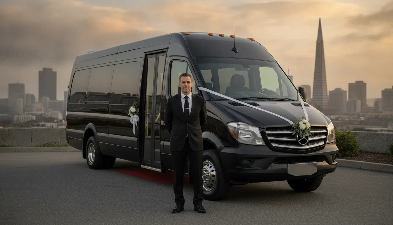 Professional chauffeur with a wedding transportation minibus