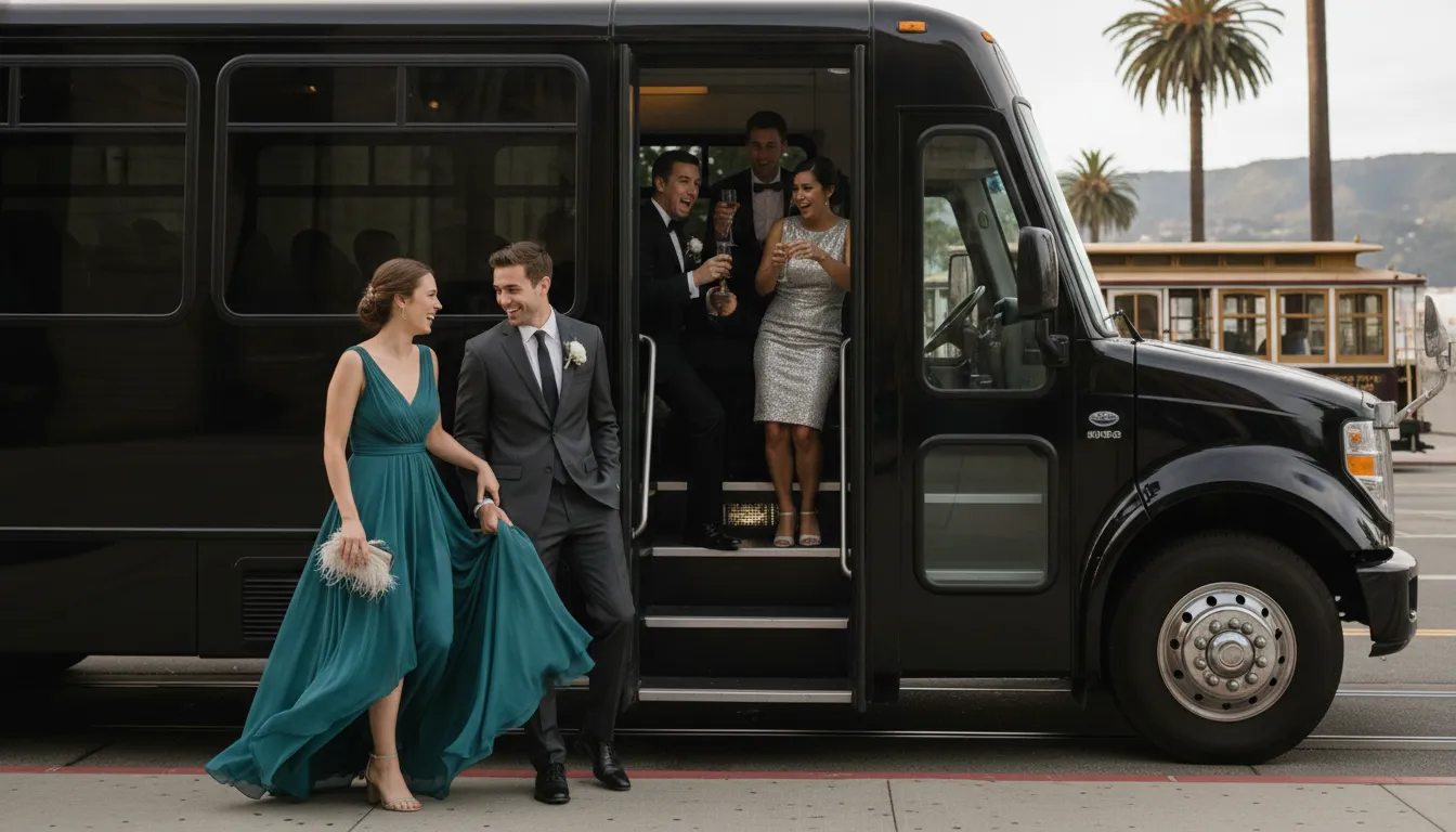 Wedding guests boarding a luxury shuttle in San Francisco