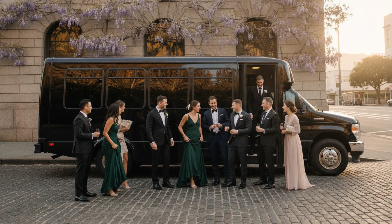 Wedding guests boarding an executive shuttle in San Francisco