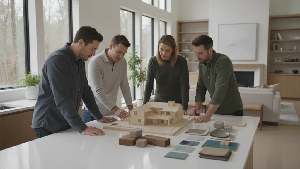 Homeowners and a residential design-build team reviewing a house model and material samples