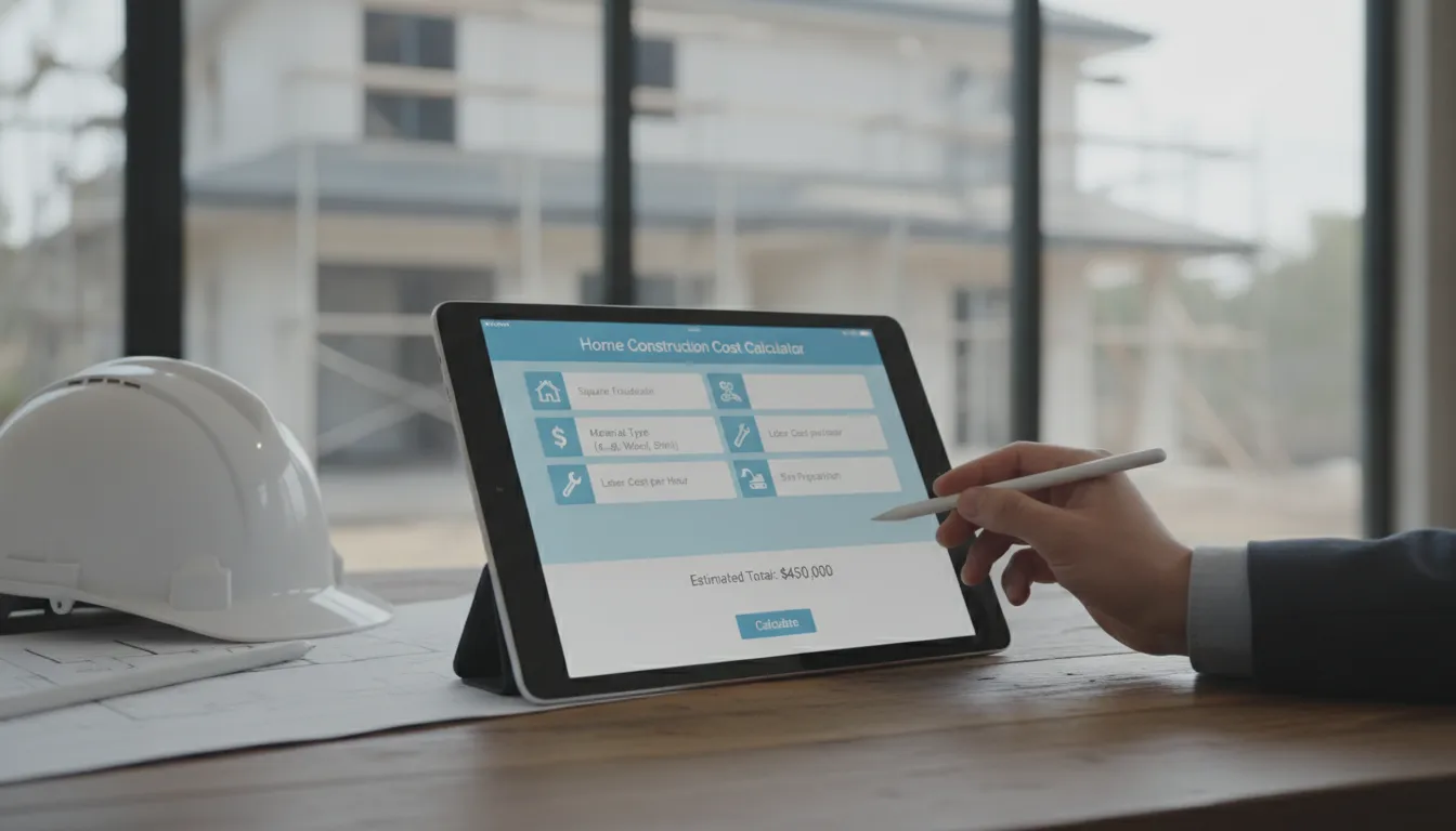 Person using a home construction cost calculator on a tablet at a construction site.