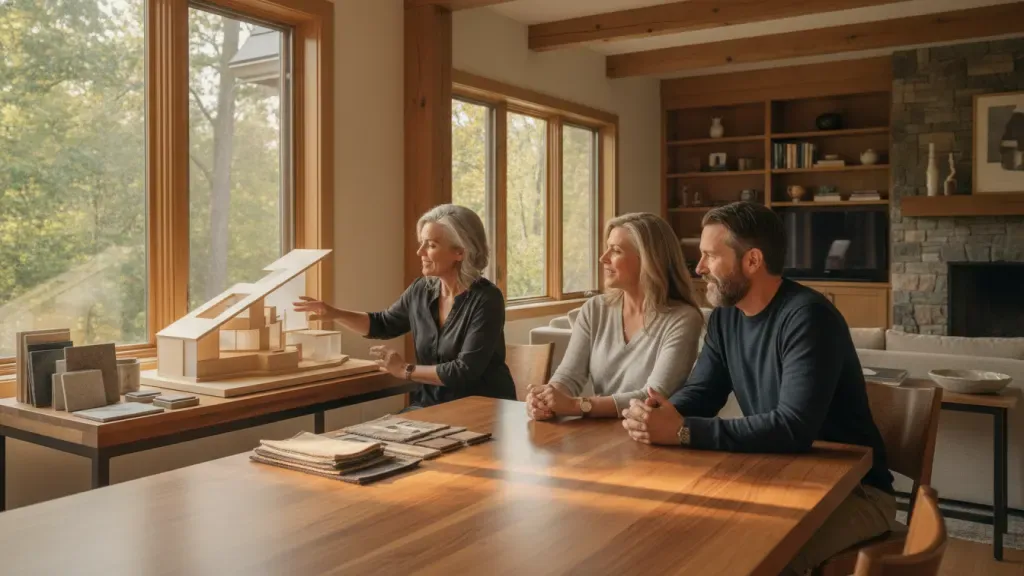 Homeowners discussing a residential design-build plan with a professional in a North Carolina home
