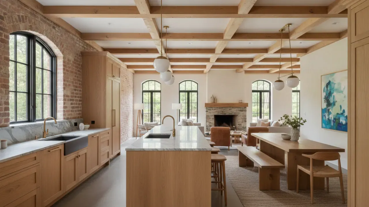 Whole home renovation in Raleigh NC with a connected kitchen, dining, and living space