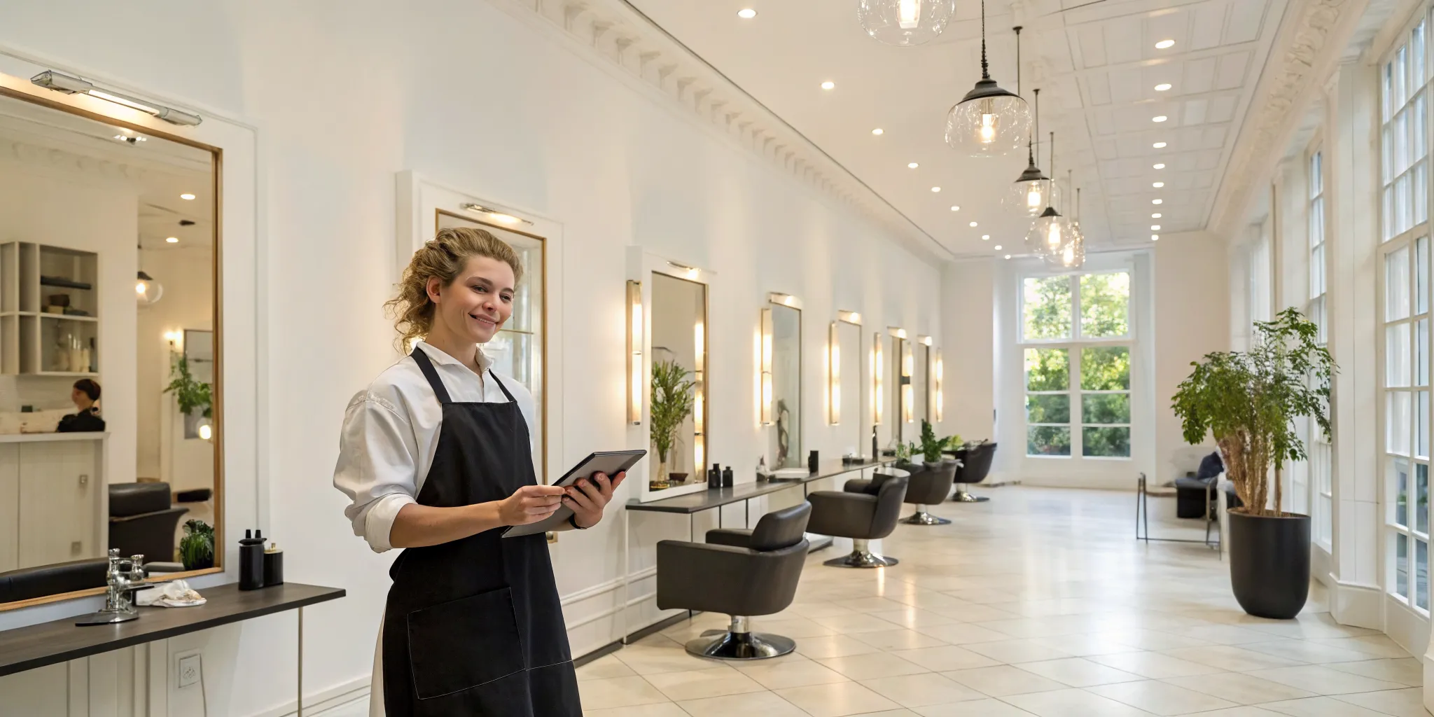 A salon assistant holding a tablet, a common entry level salon job for graduates.