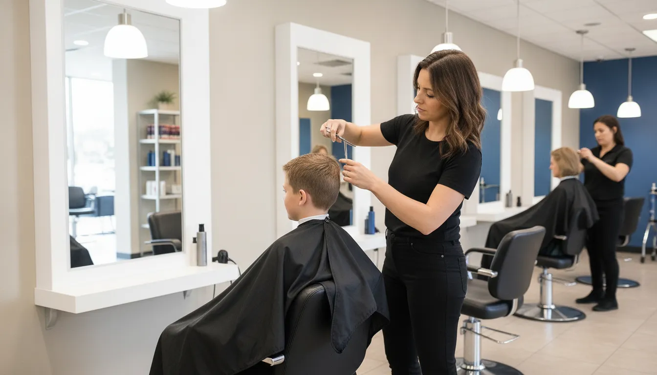 Stylist giving a boy a back-to-school haircut in a bright Supercuts salon