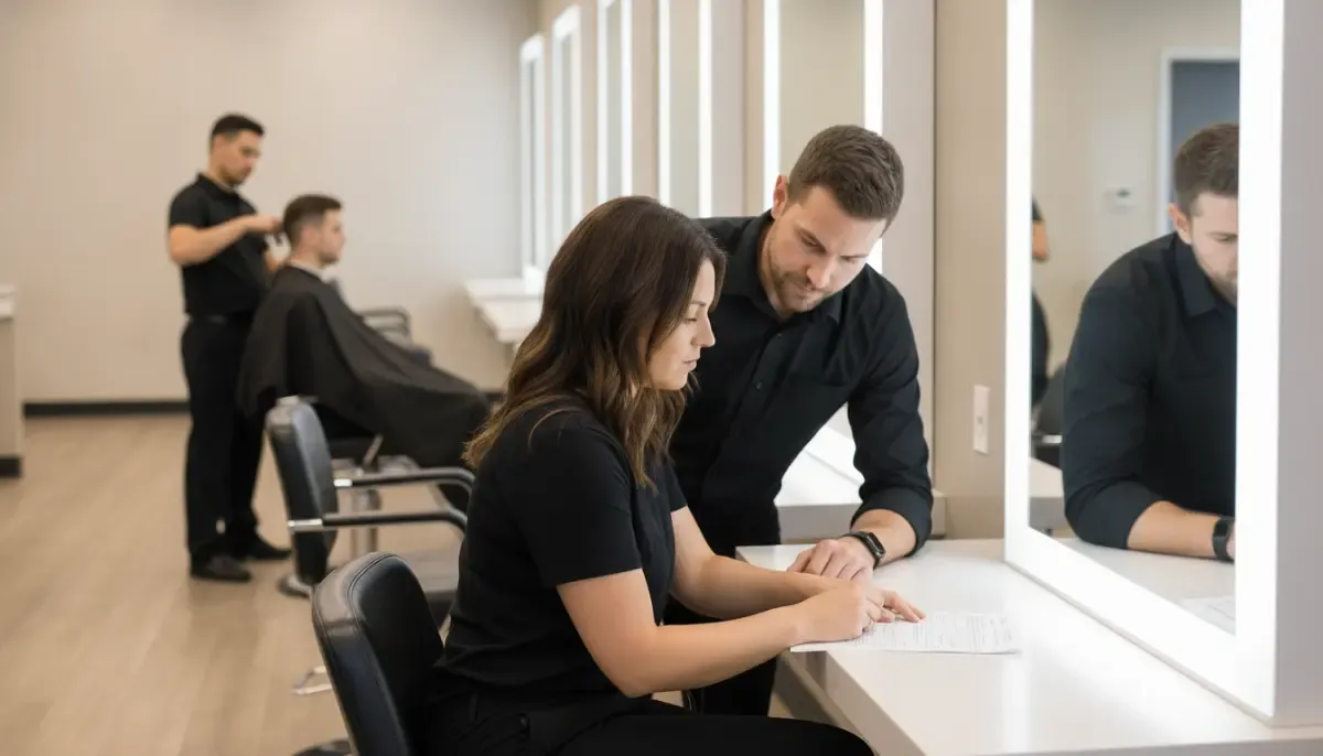 Stylist and manager reviewing a beauty salon contract of employment template at a salon station