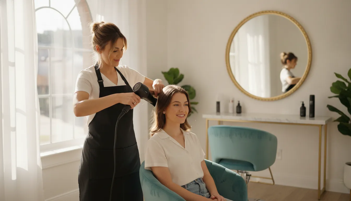 Professional cosmetologist styling a client's hair in a bright modern salon suite