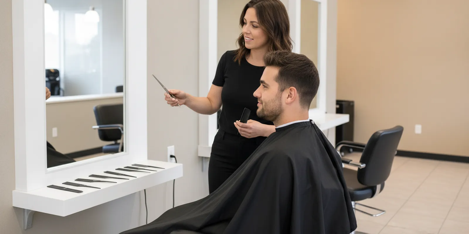 Cosmetologist consulting with a client in a bright professional salon workspace