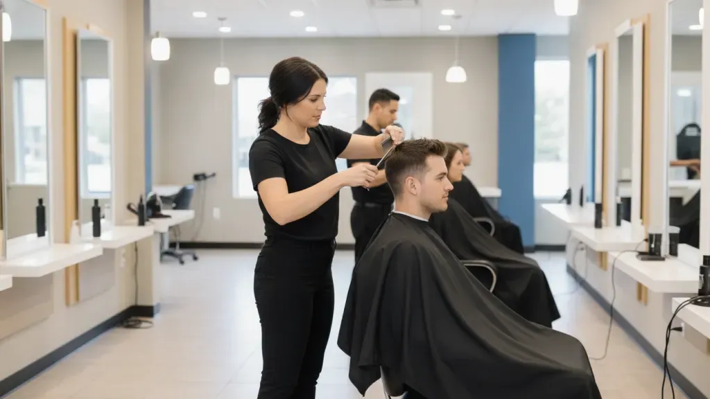 Hair stylist providing a precision haircut in a collaborative Supercuts salon