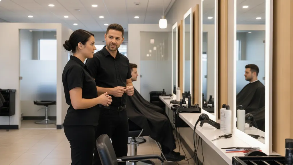 Hair stylist discussing career options with a salon manager in a bright Supercuts salon