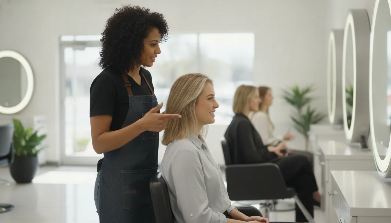 Cosmetology candidate reviewing interview preparation with a stylist in a Supercuts salon
