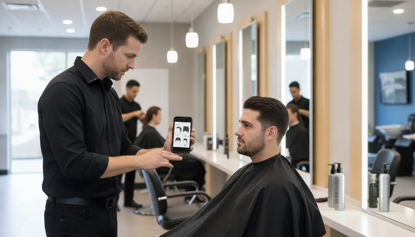 Stylist and male client discussing fade height in a bright Supercuts salon