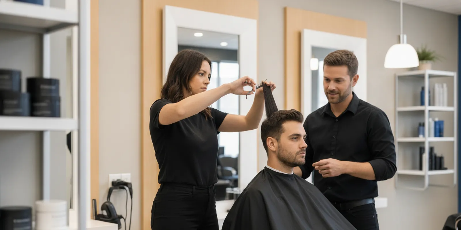 Cosmetologist practicing a haircut technique in a bright, modern salon