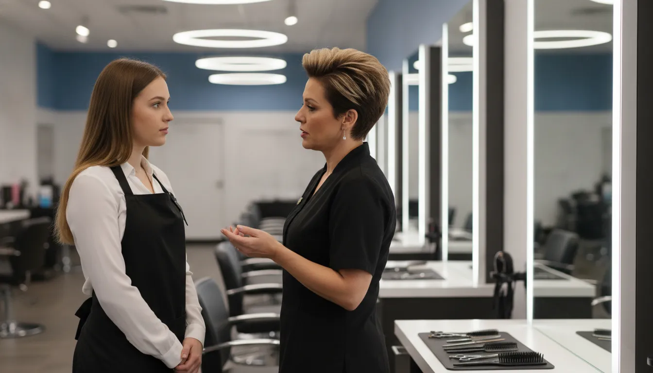 Cosmetology candidate discussing career goals with a stylist in a Supercuts salon