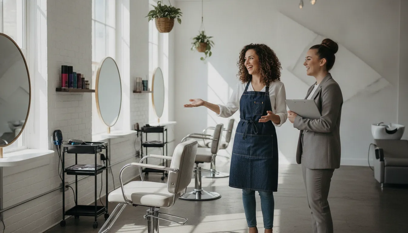 Salon stylist giving a tour of a modern private suite to a new cosmetology graduate in Maine