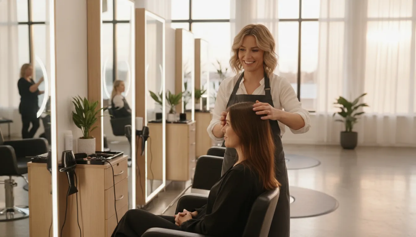 Professional hairstylist working with a client in a bright modern salon