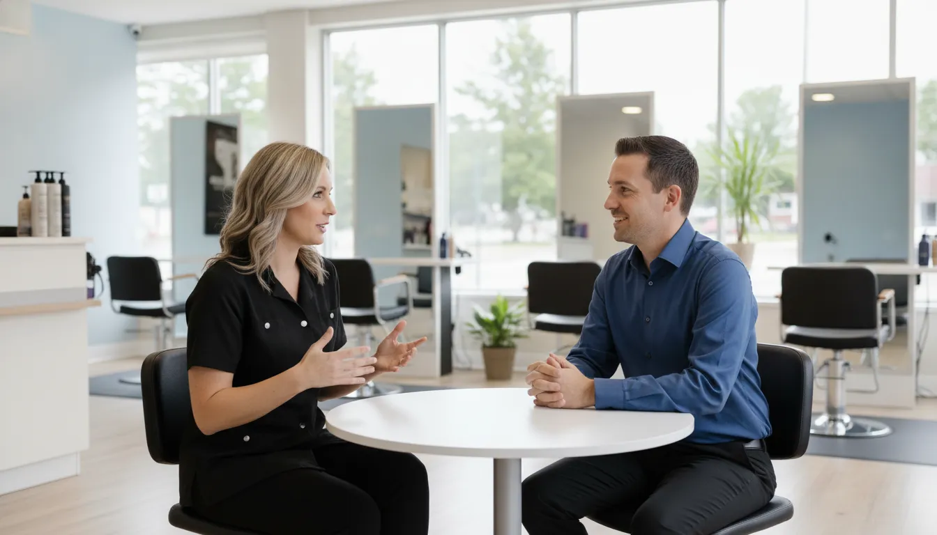Cosmetologist discussing career opportunities in a bright Supercuts salon