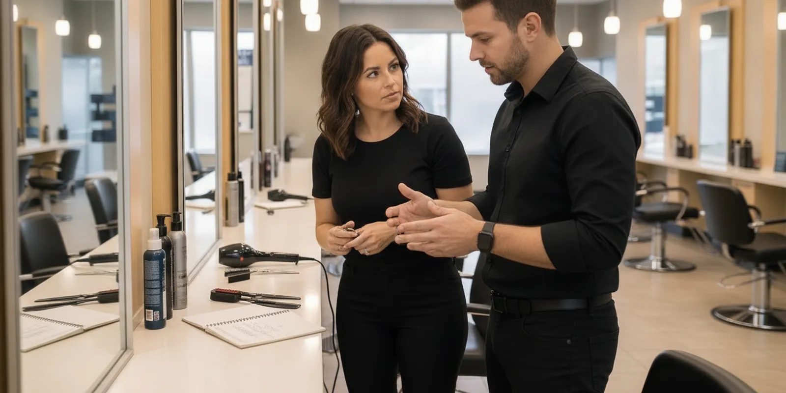 Hairstylist and colleague reviewing a professional development plan in a salon