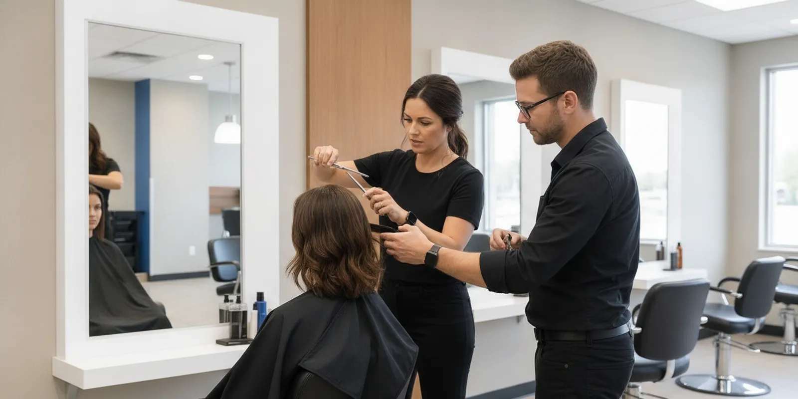 Cosmetology professional guiding a student through a hands-on salon lesson