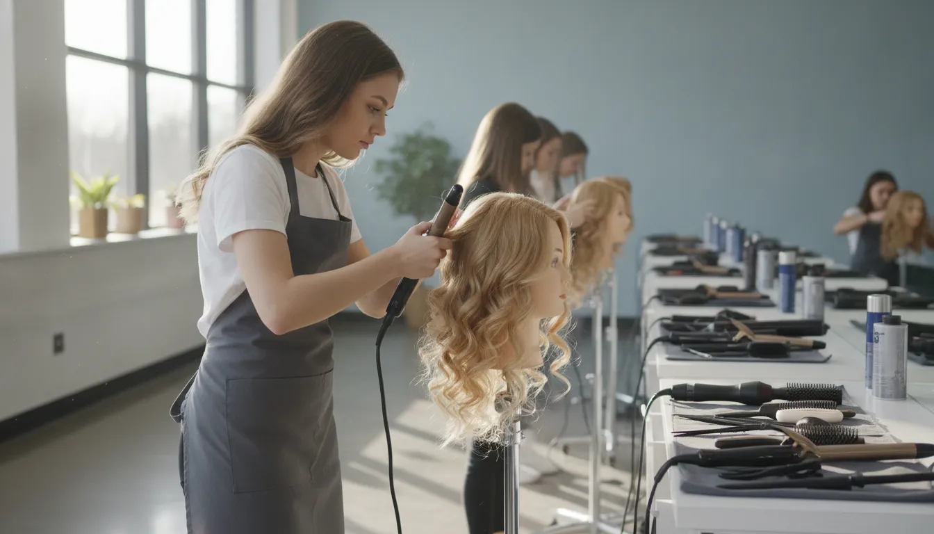 Cosmetology student practicing hair styling techniques on a mannequin in a bright modern classroom