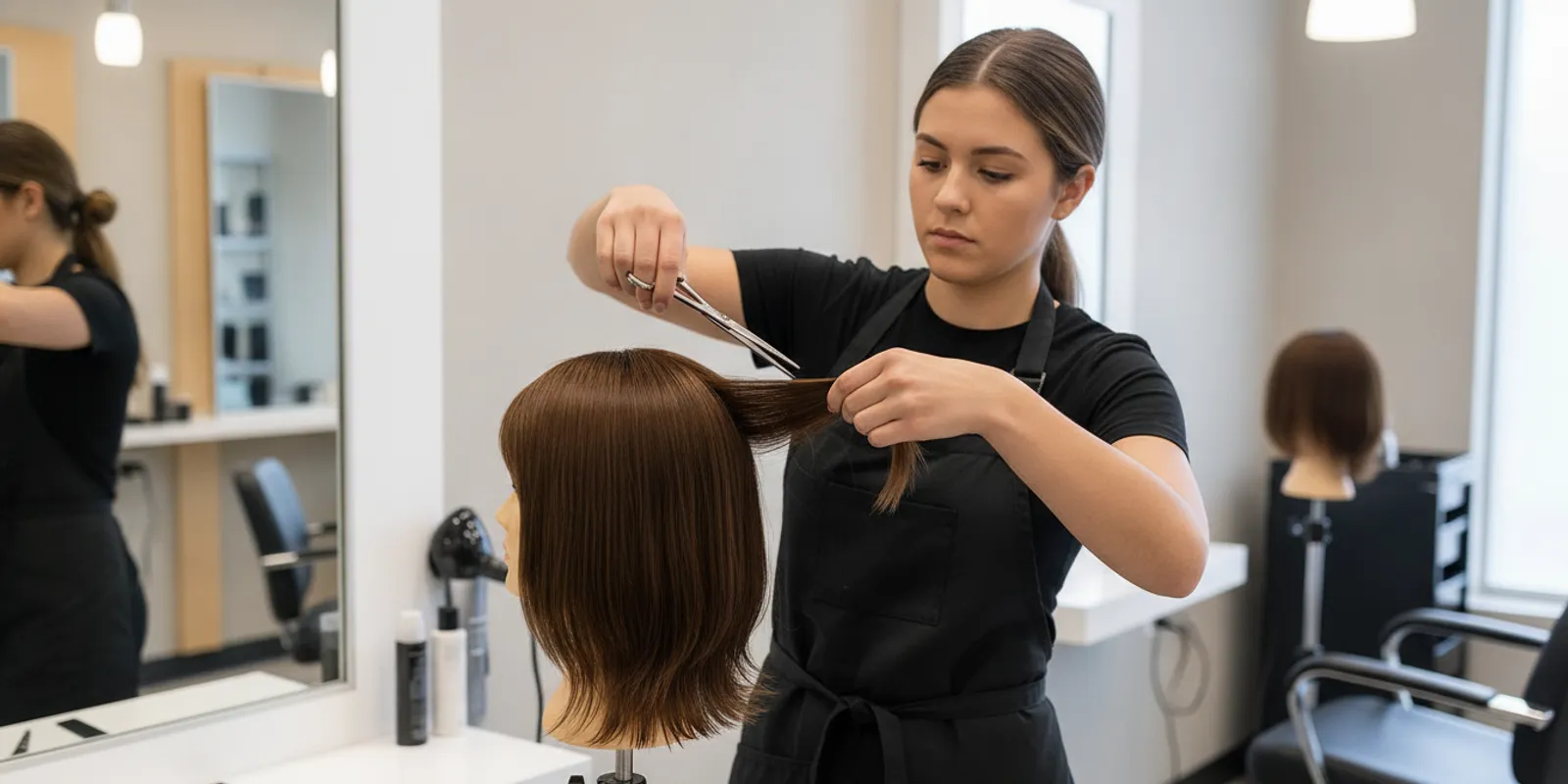 Cosmetology student practicing a haircut at a salon training station