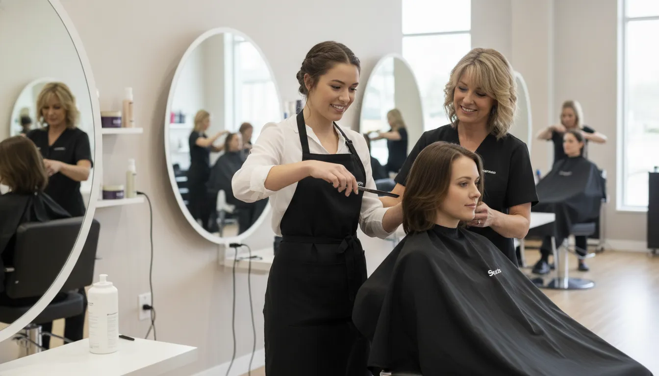 Cosmetology graduate practicing haircutting with a mentor in a Supercuts salon