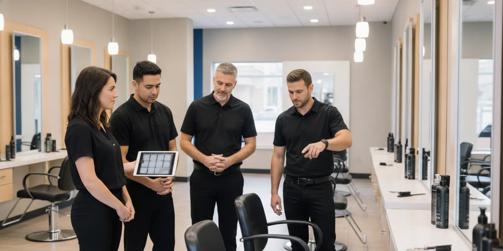 A salon leader coaching a stylist during a team discussion in a modern salon