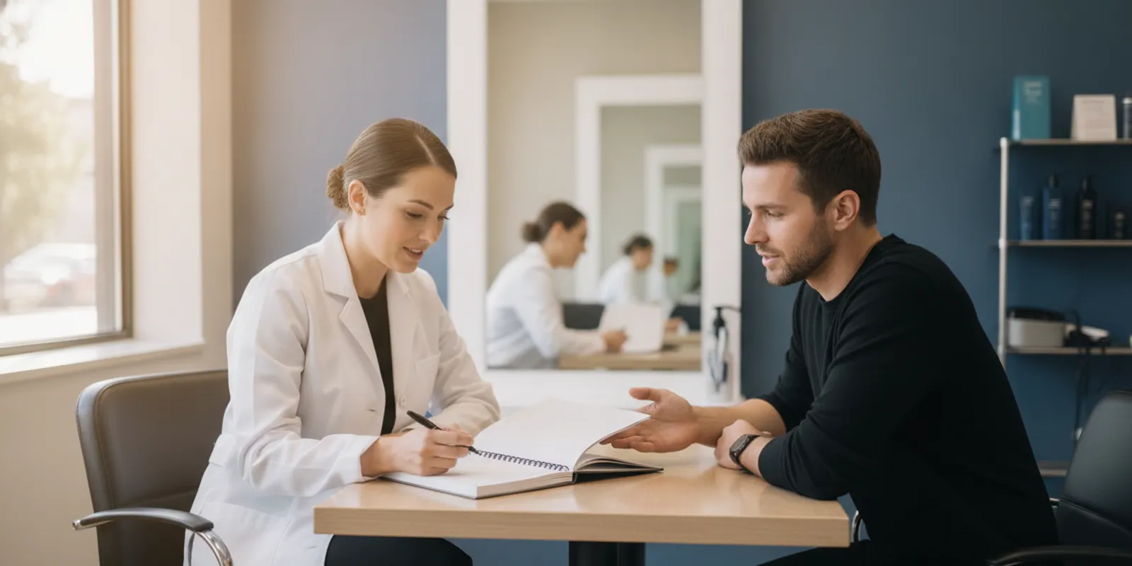 A skincare professional reviewing a career plan at a salon workstation