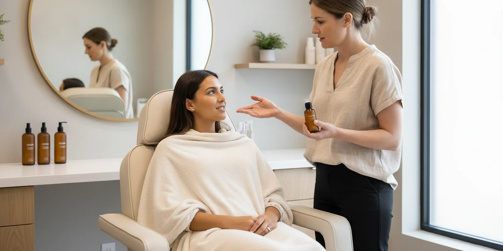 A client speaking with a skincare professional during a calm, private facial appointment