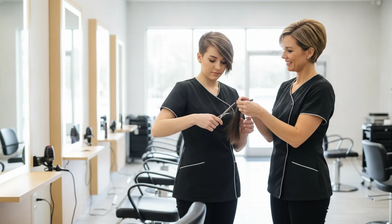 New cosmetology graduate learning haircutting in a Supercuts salon