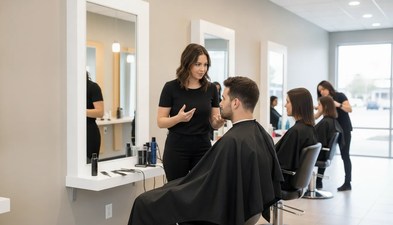 Hair stylist consulting with a client at a bright Supercuts salon styling station