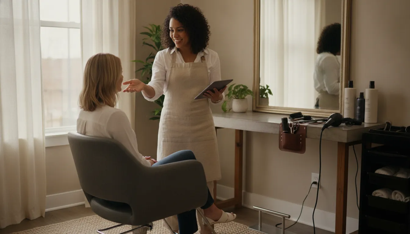 Hair stylist consulting with a client in a bright private salon suite