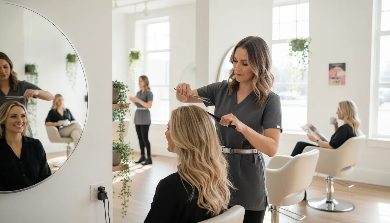 Professional hair stylist styling a client's hair in a bright, modern salon
