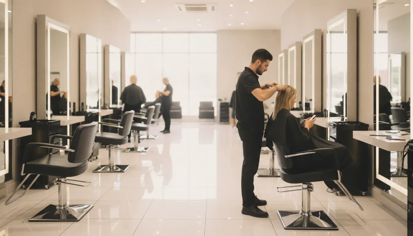 Hairdresser styling a client's hair inside a bright Supercuts salon