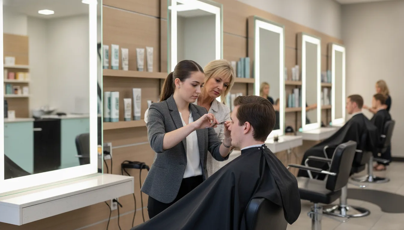 Cosmetology student practicing haircutting with an instructor in a bright Supercuts salon