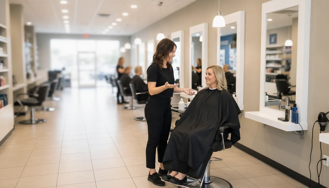 Esthetician speaking with a guest at a styling station in a bright Supercuts salon