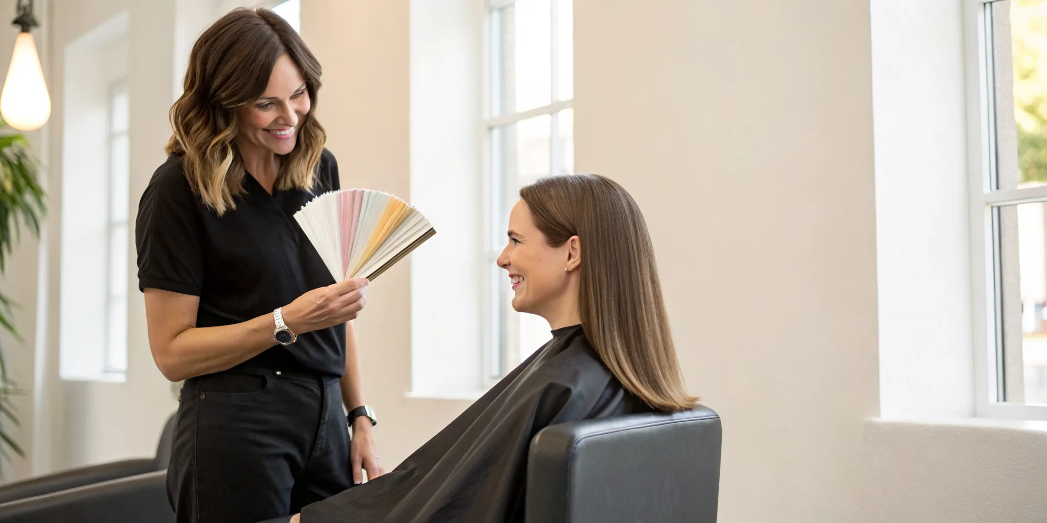 Client in a salon consultation for affordable hair color services.