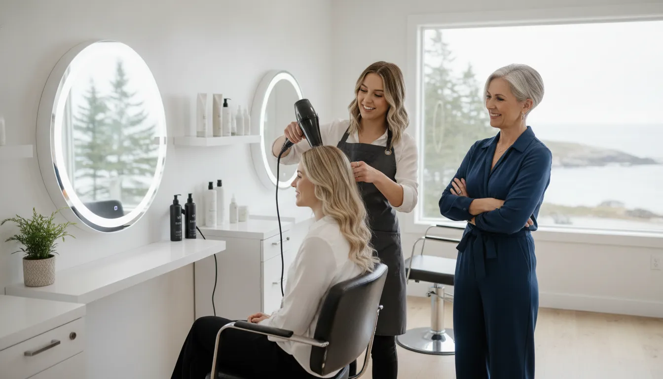 New cosmetology graduate stylist working in a modern Maine salon suite
