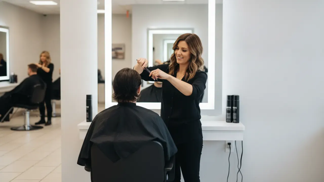 Massachusetts hairstylist providing a haircut at a bright salon styling station