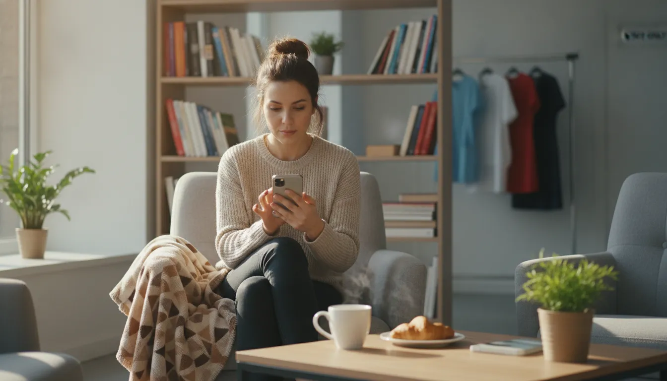 Cosmetologist applying for a salon job online on a smartphone in a cozy break room