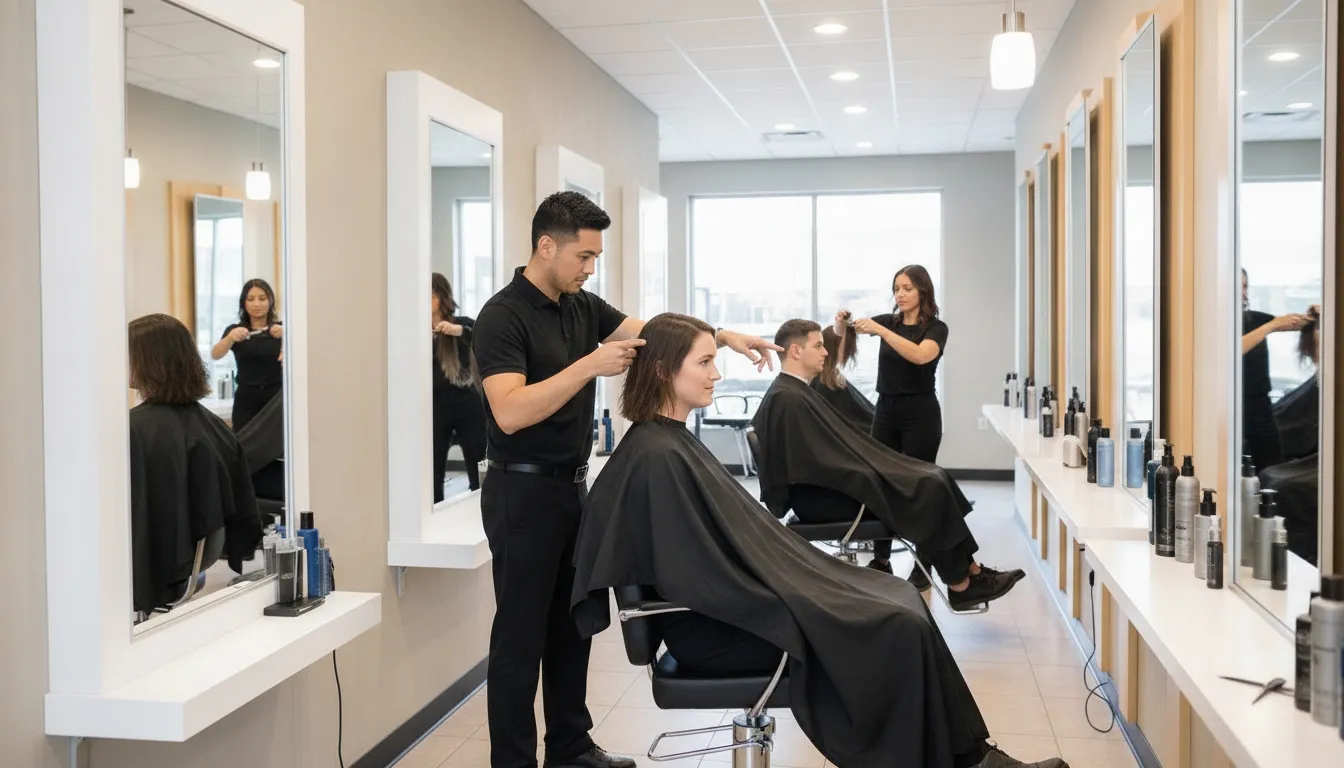 Hair stylists collaborating between styling stations in a bright Supercuts salon