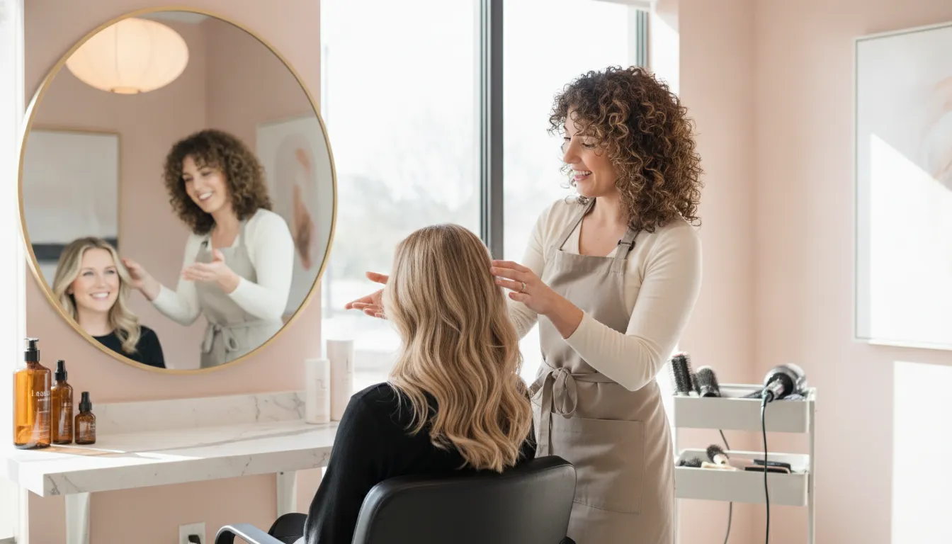 A cosmetologist in a bright salon suite talking with a client about hair styling
