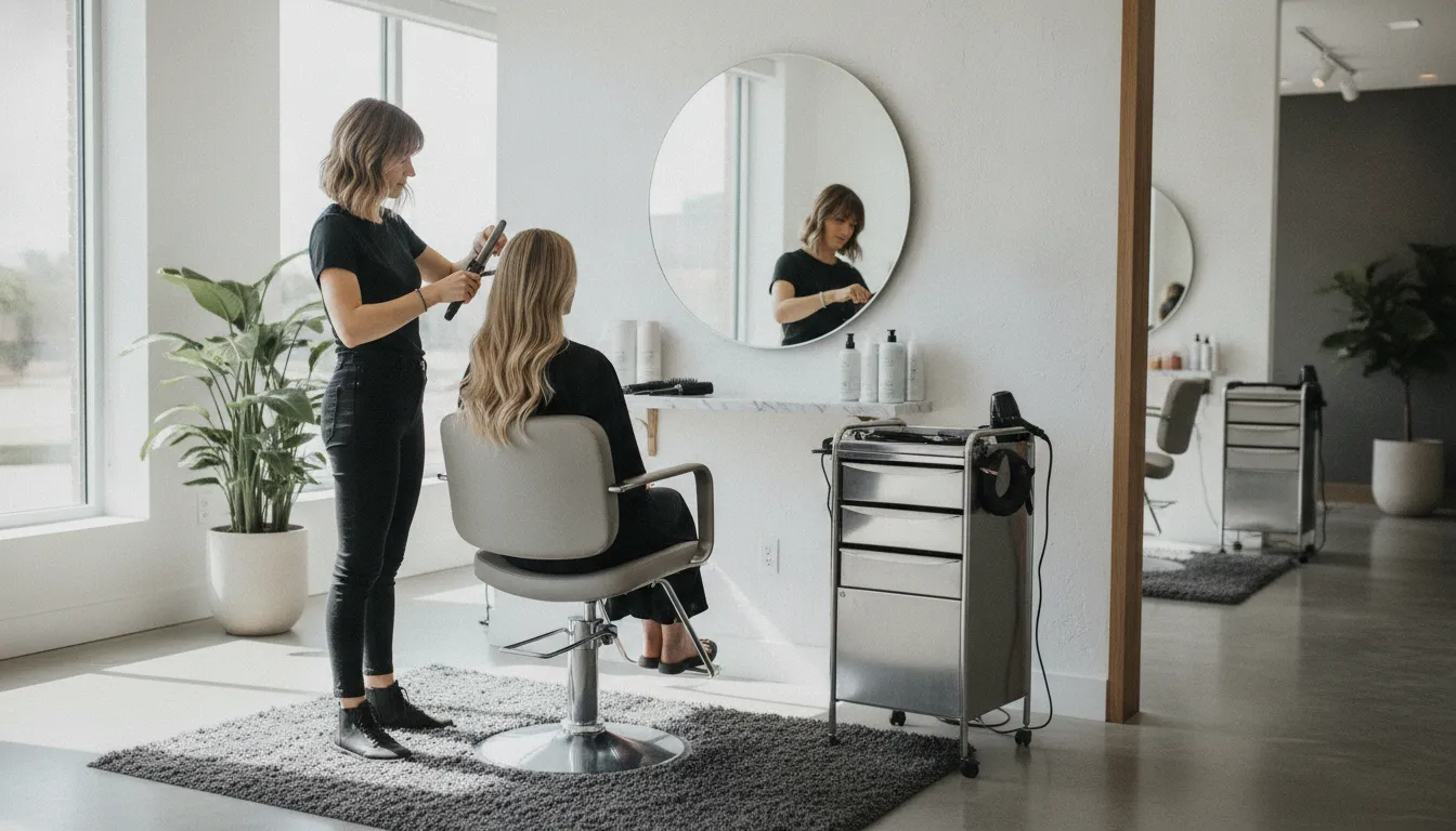An independent cosmetologist styling a client's hair at a bright modern salon suite station