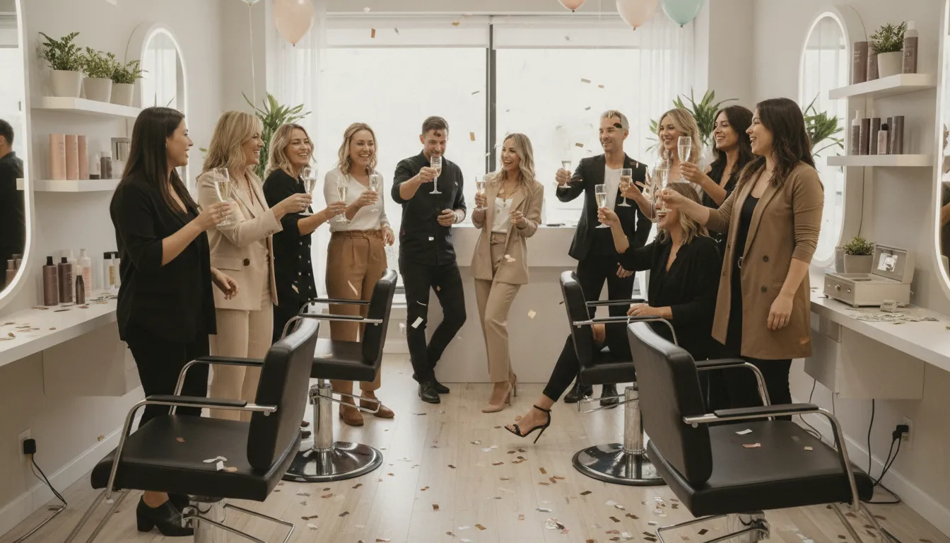 Maine salon team of stylists celebrating together in a bright modern salon suite