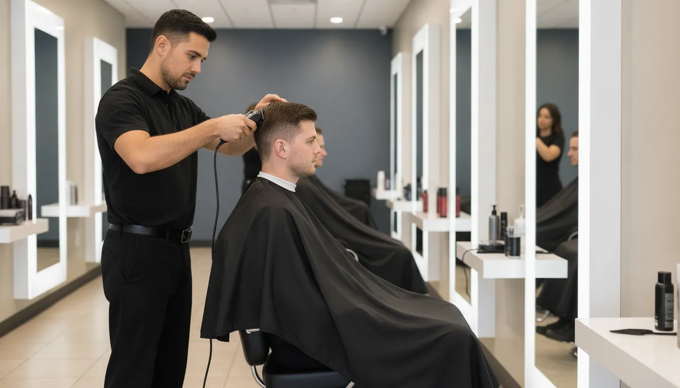 Stylist using clippers during a men's haircut in a bright Supercuts salon