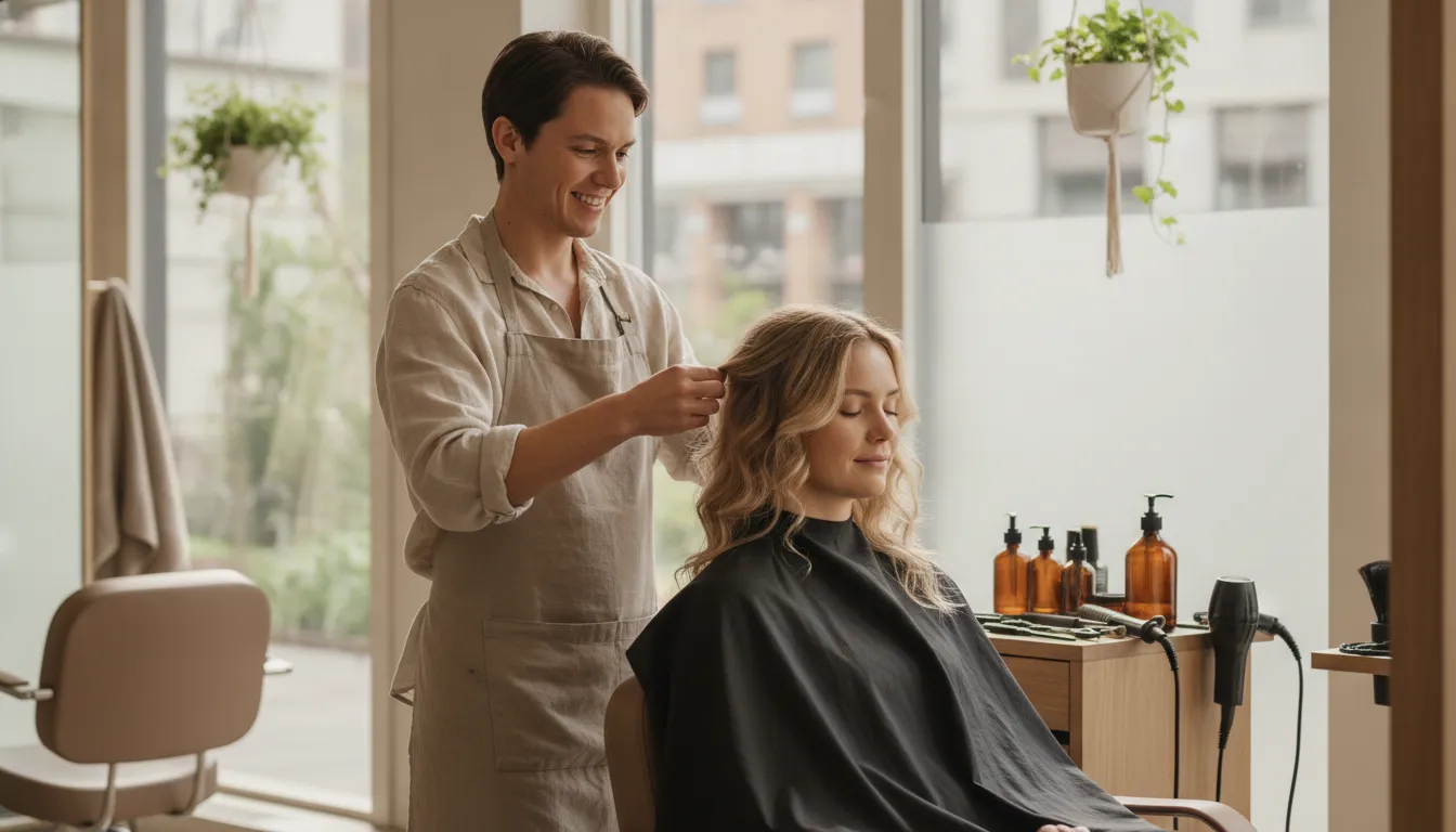 A professional hairstylist styling a client's hair in a bright modern salon