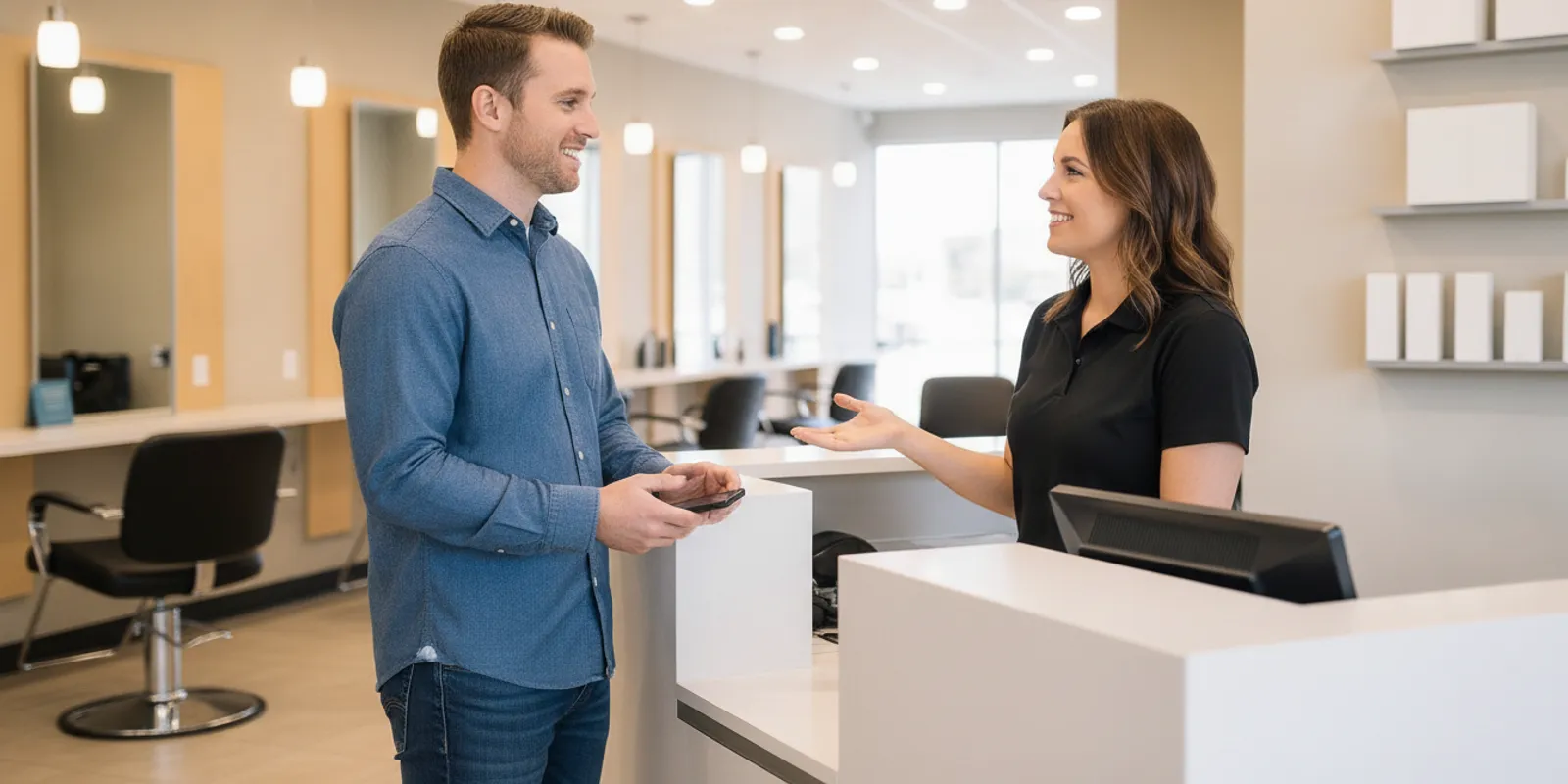 A salon receptionist welcoming a guest at a bright, modern salon front desk