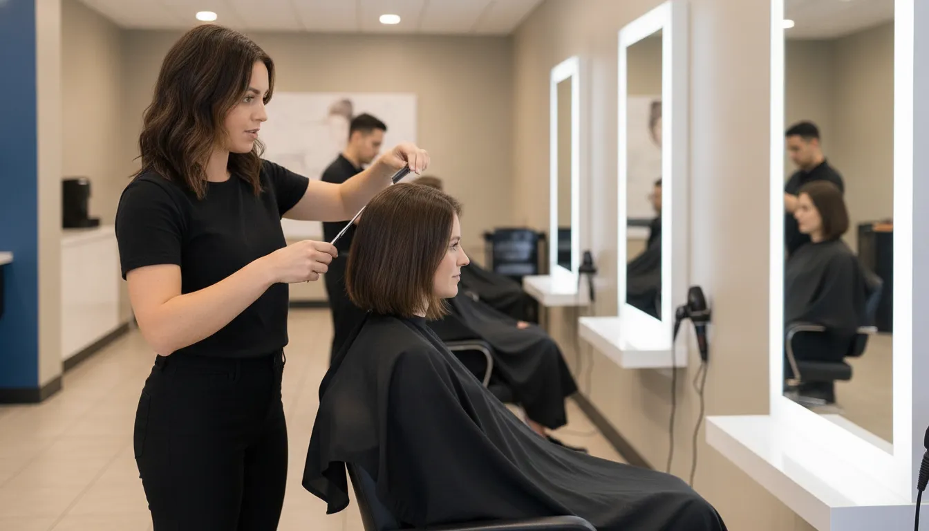 Woman receiving a short bob haircut in a bright Supercuts salon