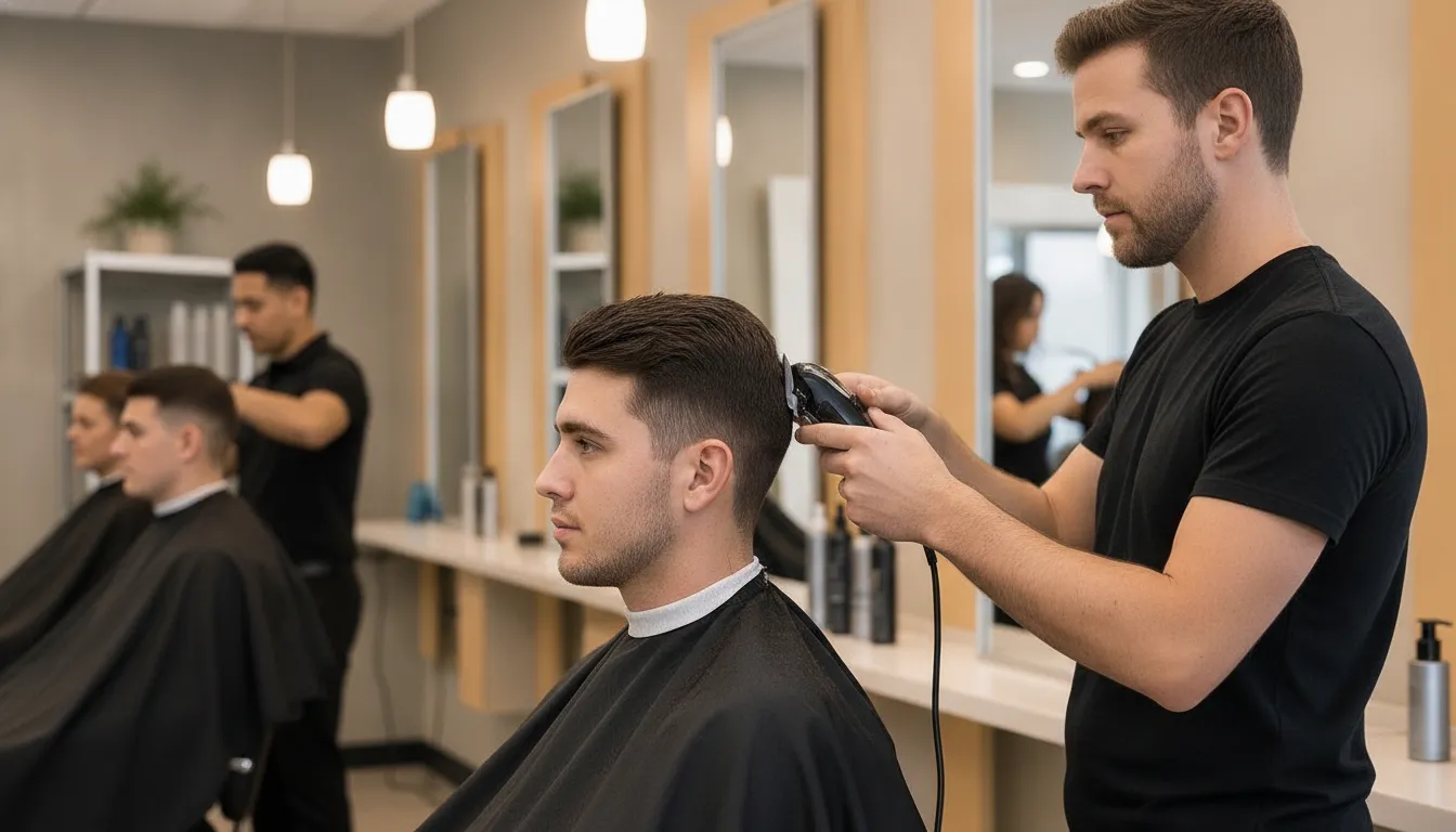 Stylist creating a fade haircut for a male client in a bright Supercuts salon