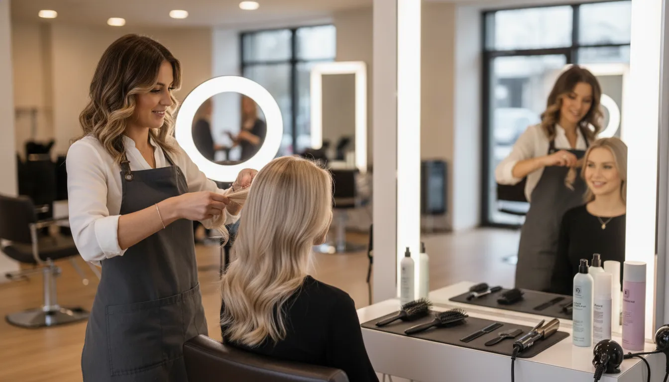 Cosmetologist consulting with a client at a bright franchise hair salon